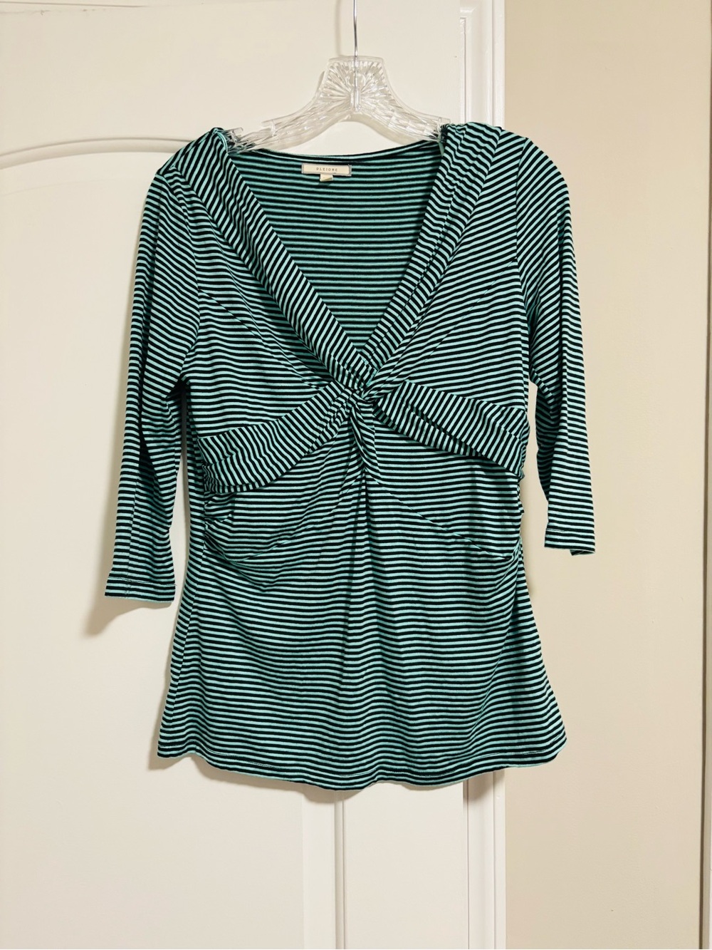 PLEIONE, Striped Twist-Front Women's Top in Teal and Black, Size M
